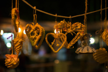 Handmade wicker decor on fair at night