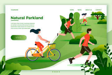 Vector illustration - bicycle riding, running, rolling people in park and trees on background. Banner, site, poster template with place for your text. - obrazy, fototapety, plakaty