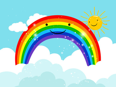 Rainbow in sky. Cartoon smiling rainbow in clouds with bright sun vector illustration