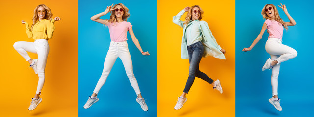 Panorama Collage. Woman Having Fun On Colourful Backgrounds
