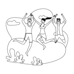 Young friends and summer cartoons in black and white