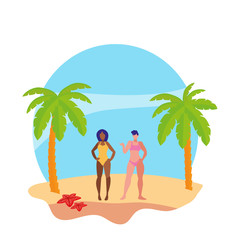 young interracial girls couple on the beach summer scene