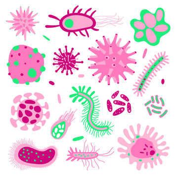 Cartoon bacterias. Microbiological virus and contagion infection bacteria set flat drawing, microbs and germs cell germs micro science for kids vector illustration