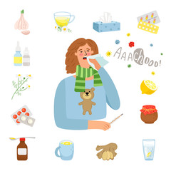 Flu or cold treatment. Headache girl face with handkerchief and cold remedies vector illustration, disease treating through tea with lemon and honey