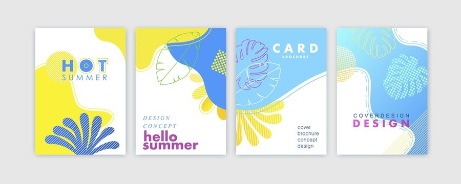 Set of card, brochure, annual report,  cover design templates with exotic palm leaves. Summer modern colorful design. Vector illustration.