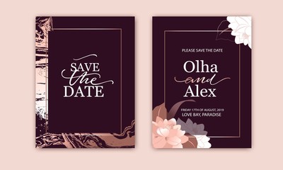 Set of elegant cards with pink, blush peonies. Rose gold marble texture. Wedding, save the date design.