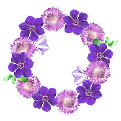 Beautiful floral circle of clematis and thistle. Isolated