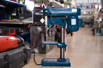 Photo of showcase with instruments in tools store.