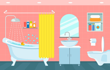 Naklejka na ściany i meble modern interior of bathroom and toilet. Hanging toilet, sink and bathroom with shower symbols of cleanliness . vector illustration
