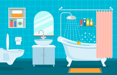 modern interior of bathroom and toilet. Hanging toilet, sink and bathroom with shower symbols of cleanliness . vector illustration