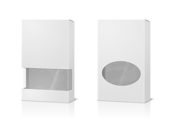 Vector realistic 3d tall paper boxes, blank and with transparent windows isolated on white background.  Mock-up for product package branding.