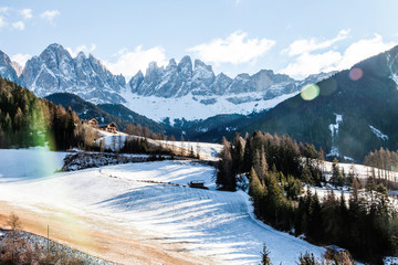 Famous place of the world, Santa Maddalena village with magical Dolomites mountains in background
