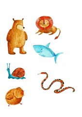 Watercolor illustration with a set of animals