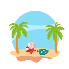 summer beach with palms and flip flops scene