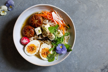 Japanese miso ramen with stuffed mushrooms, noodles and egg