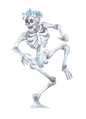 funny skeleton with flower wreath dancing