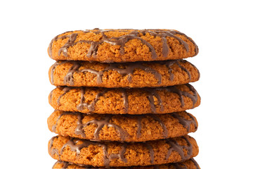 Lots of chocolate cookies isolated on white background.