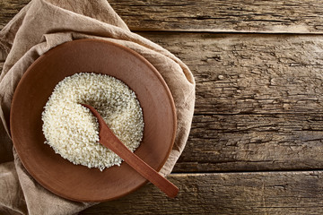 Roher Arborio Risotto Reis auf Teller mit Holzlöffel, Textfreiraum an der Seite