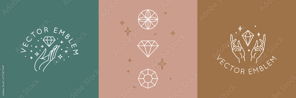Poster Vector abstract logo design template in trendy linear minimal style - hands and diamond - abstract symbol for cosmetics and packaging, jewellery, hand crafted  or beauty products 