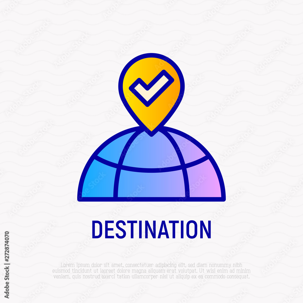 Poster destination thin line icon: pointer on the globe. modern vector illustration.