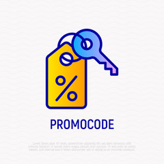 Promo code thin line icon: percent sign on label with key. Modern vector illustration for discount.