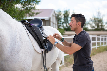 Side view of young guy putting black saddle on back of white horse while standing in paddock on...
