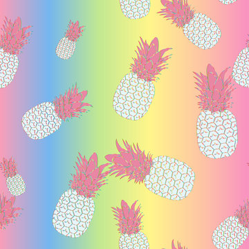 Seamless tropical pattern of rainbow pineapples on a bright gradient background, vector.