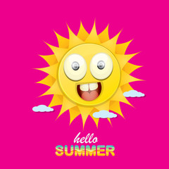 vector hello summer creative label with smiling shiny sun isolated on pink background. summer party background with funky sun character design template. vector summer icon