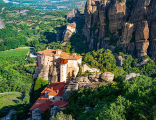 Fototapeta na wymiar Aerial view of Meteora valley and monastery architecture in a sunny day in Greece