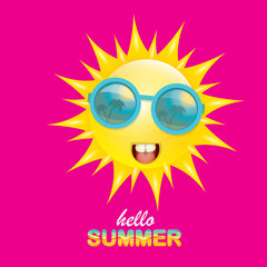 vector hello summer creative label with smiling shiny sun isolated on pink background. summer party background with funky sun character design template. vector summer icon