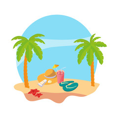 summer beach with palms and straw hat scene