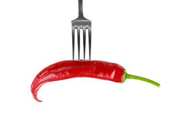 Fototapeta na wymiar red jalapeno pepper on fork on white background
