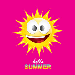vector hello summer creative label with smiling shiny sun isolated on pink background. summer party background with funky sun character design template. vector summer icon