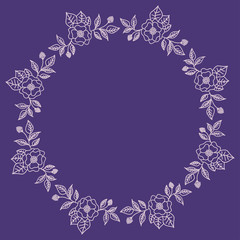 Wreath of pink flowers on a purple background. Round frame for the label. Decoration for wedding cards.