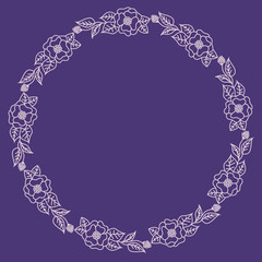 Wreath of pink flowers on a purple background. Round frame for the label. Decoration for wedding cards.
