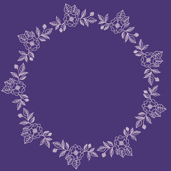 Wreath of pink flowers on a purple background. Round frame for the label. Decoration for wedding cards.