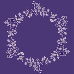 Wreath of pink flowers on a purple background. Round frame for the label. Decoration for wedding cards.