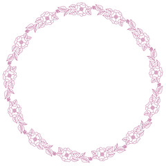 Wreath of pink flowers on a white background. Round frame for the label. Decoration for wedding cards.