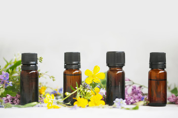 Aromatherapy herbal essential oil bottles with plants and flowers - 272875625