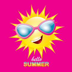 vector hello summer creative label with smiling shiny sun isolated on pink background. summer party background with funky sun character design template. vector summer icon