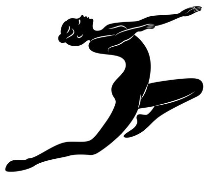 Silhouette of slender lady. Girl gymnast. The woman is flexible and graceful. She is jumping. Graphic image. Vector illustratio