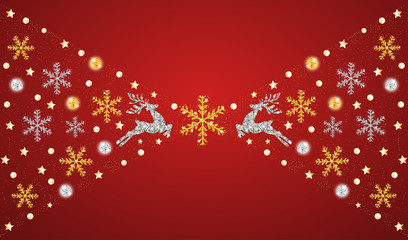 Christmas golden and silver decoration. Happy New Year red background. Silver and golden deer, snowflakes. Template for greeting card, banner or poster. Vector