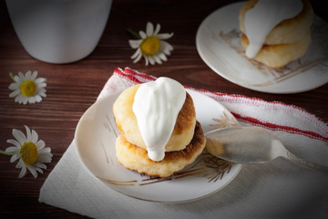 Gourmet breakfast - homemade pastries from cottage cheese, cheesecakes, cottage cheese pancakes...