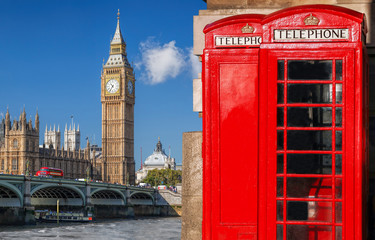 Fototapeta na wymiar London symbols with BIG BEN, DOUBLE DECKER BUSES and Red Phone Booths in England, UK