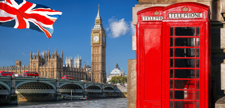 London symbols with BIG BEN, DOUBLE DECKER BUS, FLAG and Red Phone Booths in England, UK