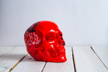 skull on the white wall and wood background