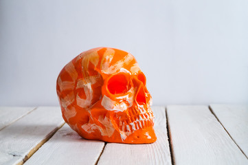 skull on the white wall and wood background