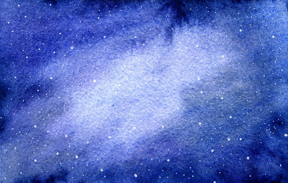 hand drawn navy blue space with white splash and stars galaxy or night sky abstract watercolor background on textured paper