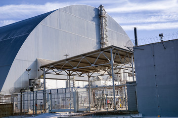 Fourth reactor and its enclosing sarcophagus in Chernobyl Exclusion Zone, Ukraine