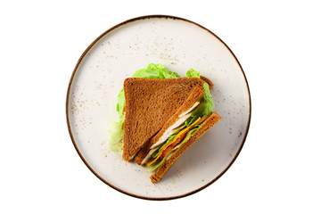 Club sandwich with chicken, cucumber, salad and cheese isolated on white